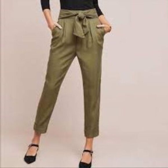 Cartonnier Tan Trousers Pleated Front High-Rise Tie Waist Tapered Leg Crop Pants - Picture 1 of 15